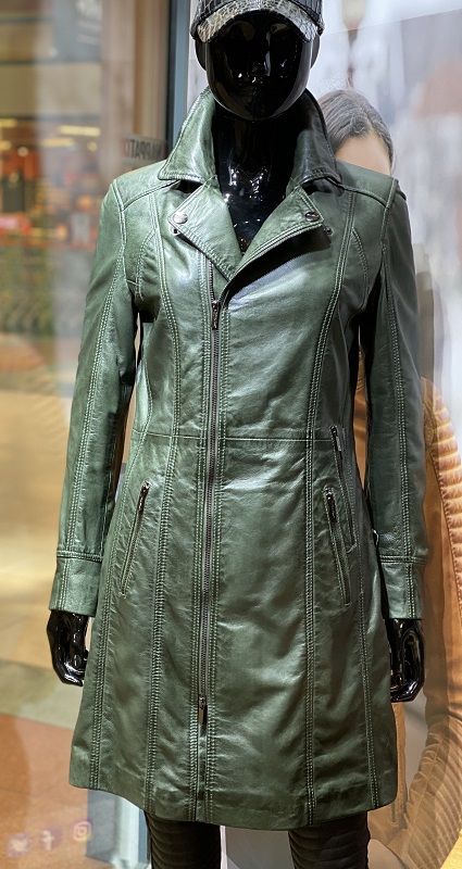 Productiecentrum maatschappij Ook Lady coat groen leren lange jas dames - Nappato Leather